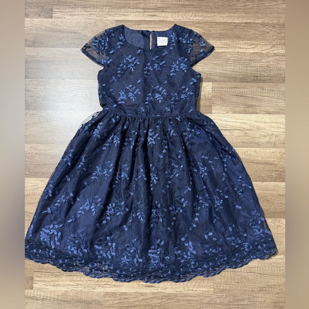 Nannette Kids Navy Blue‎ Floral Embroidered Mesh Lace Formal Party Dress, Size 8